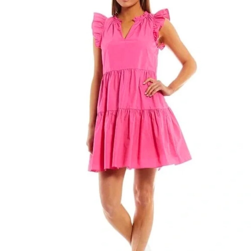 A Loves A 100% Cotton Ruffle Cap Sleeve Tiered A-Line Babydoll Mini Dress Pink